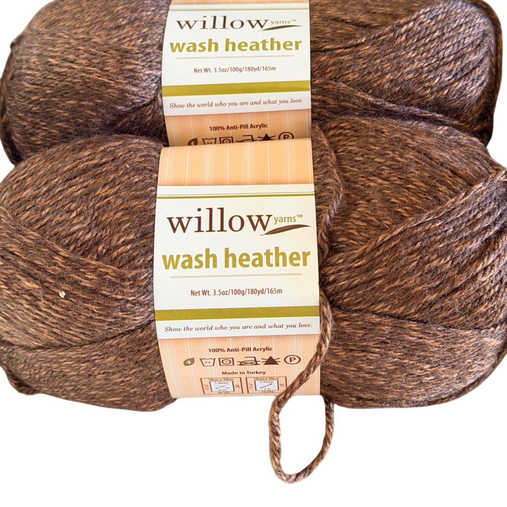 Willow Yarns Wash Heather Yarn 2 Skeins Hickory Heather 0010 Brown Worsted 4 7oz